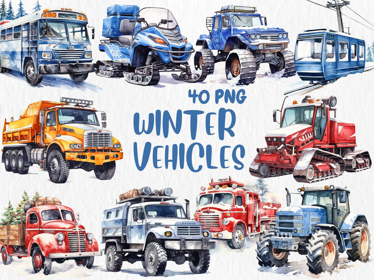 Watercolor Winter Vehicles Clipart | Snow Plow Truck, Snowmobile, Salt Spreader, Snowcat Illustrations | Instant Download for Commercial Use
