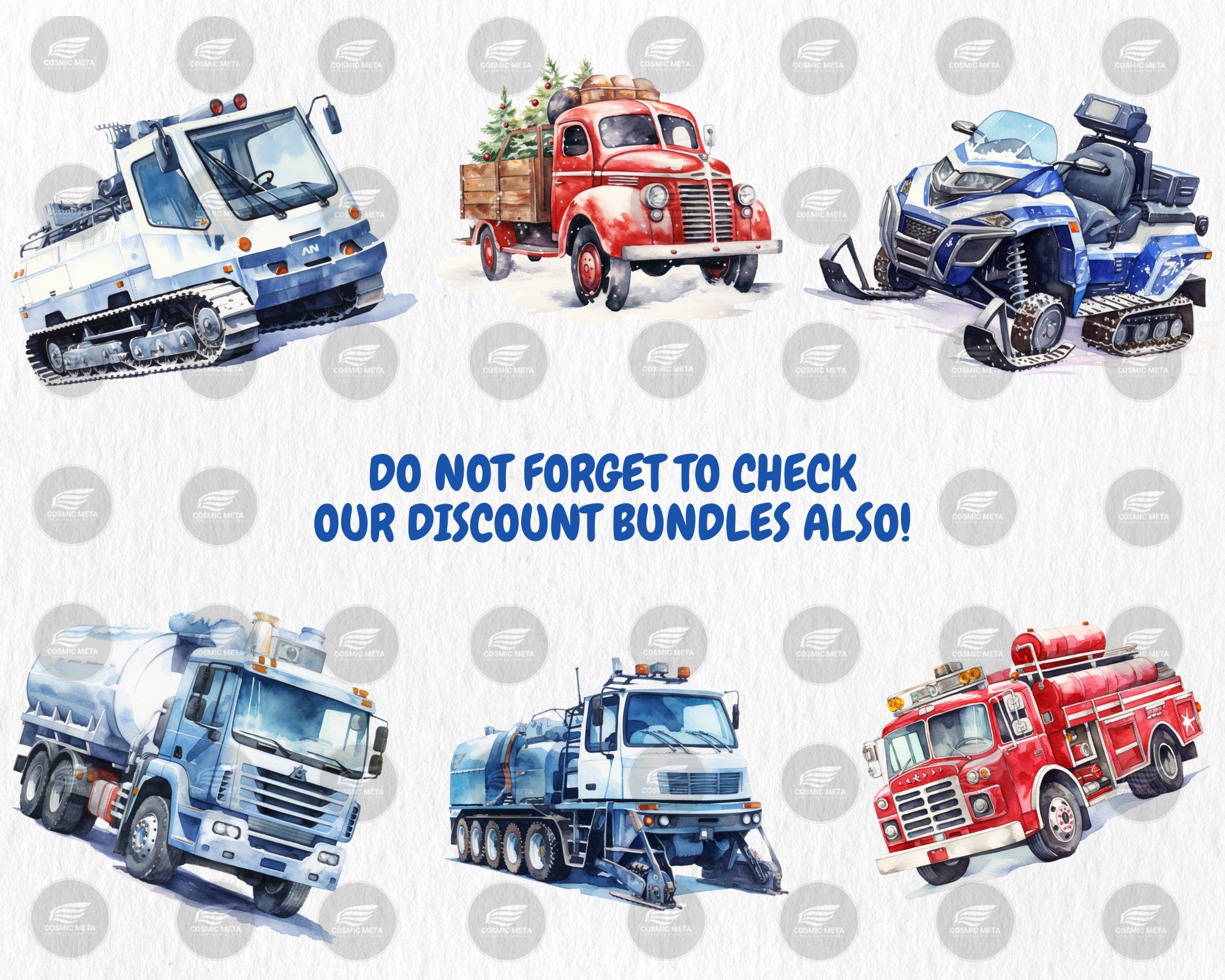 Watercolor Winter Vehicles Clipart | Snow Plow Truck, Snowmobile, Salt Spreader, Snowcat Illustrations | Instant Download for Commercial Use