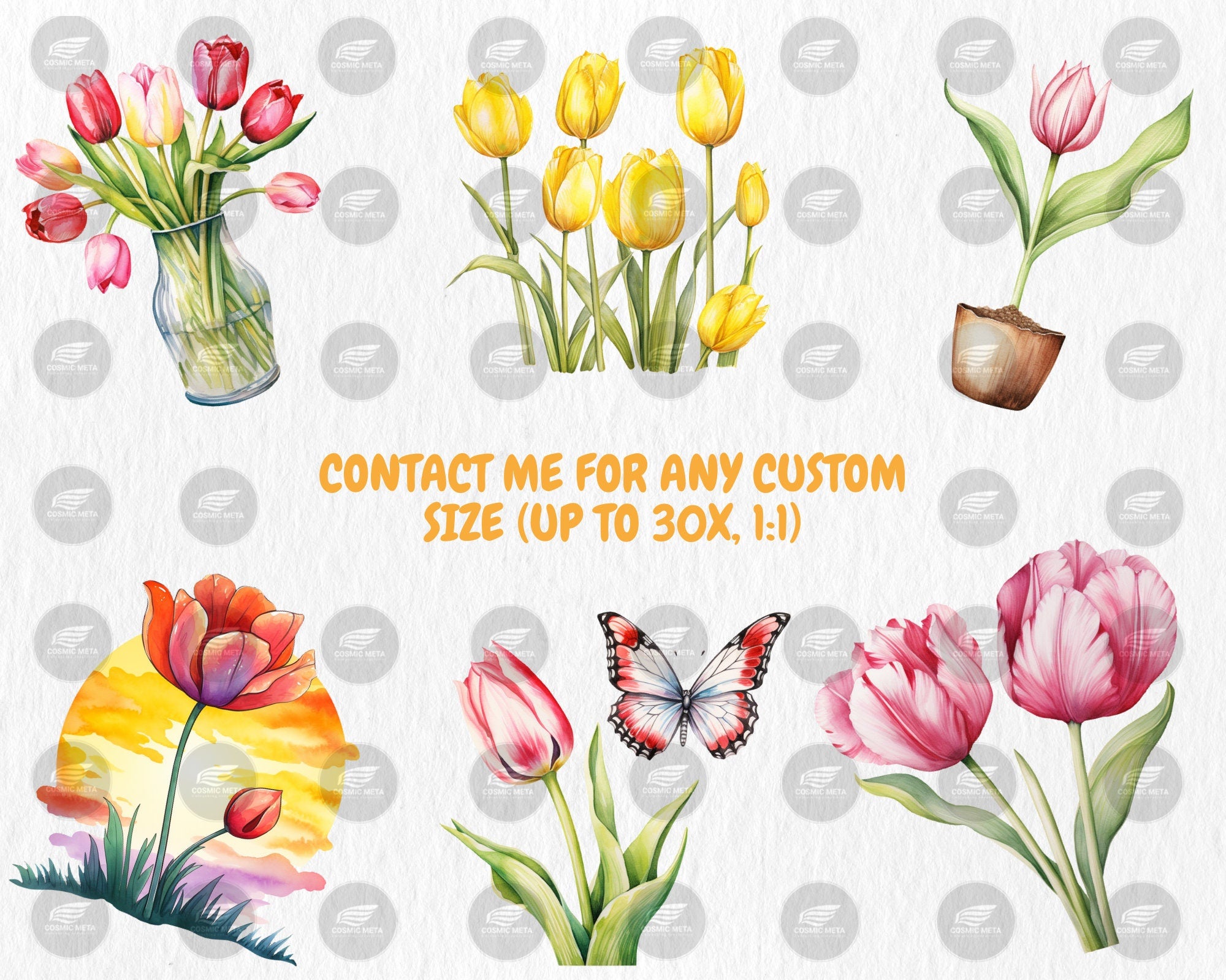 Watercolor Tulips Clipart | Spring Flower, Floral Bouquet, Red, Yellow, White Tulip Illustrations | Instant Download for Commercial Use