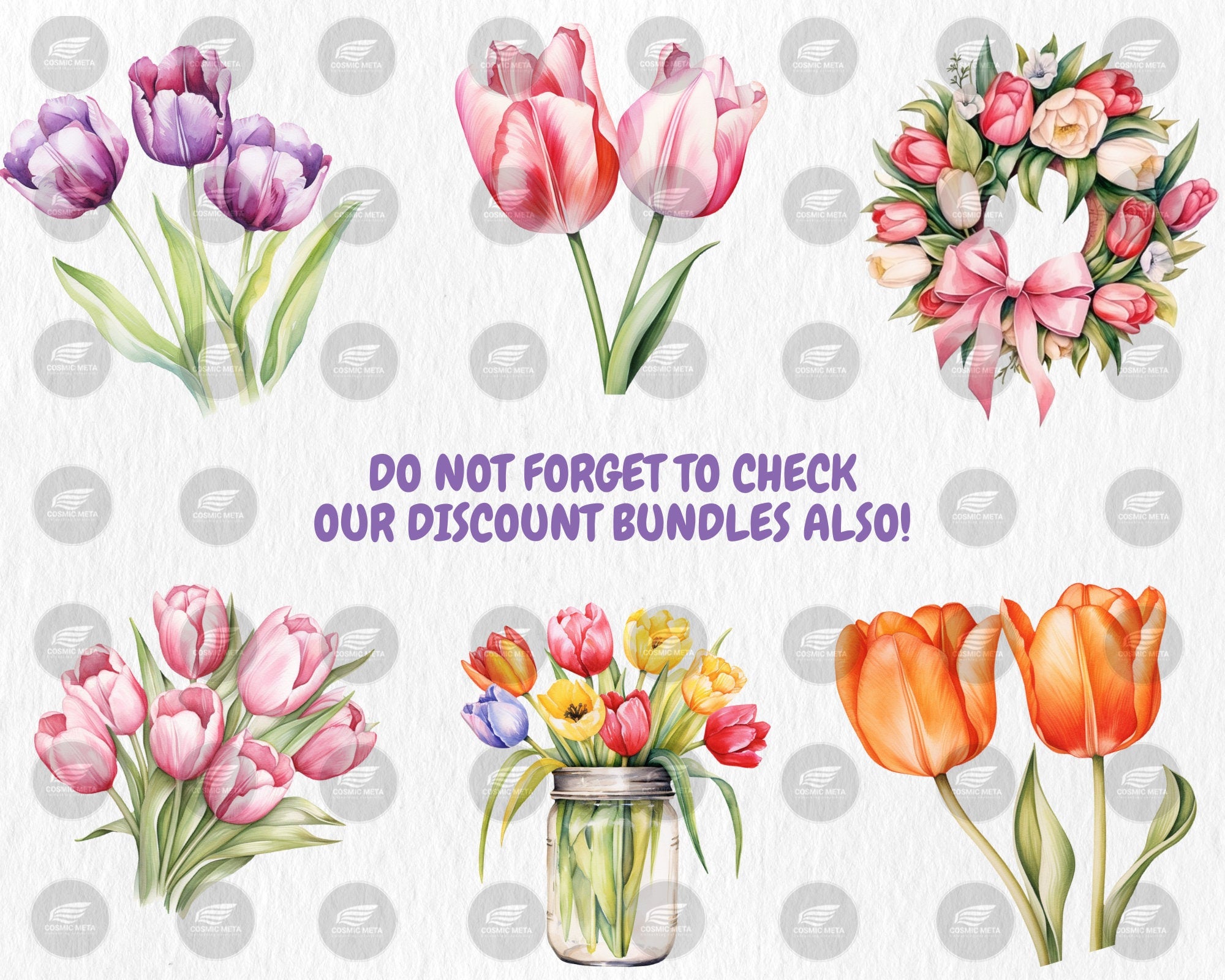 Watercolor Tulips Clipart | Spring Flower, Floral Bouquet, Red, Yellow, White Tulip Illustrations | Instant Download for Commercial Use