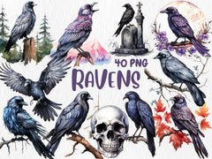 Watercolor Ravens Clipart | Black Bird, Gothic Animal, Dark and Mystic Element, Raven Illustrations | Instant Download for Commercial Use