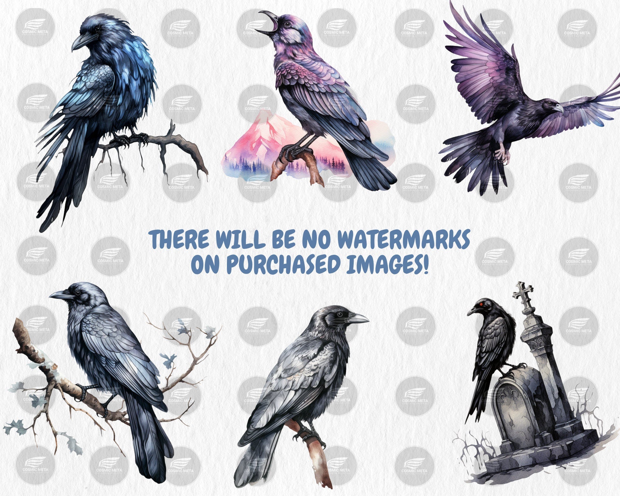 Watercolor Ravens Clipart | Black Bird, Gothic Animal, Dark and Mystic Element, Raven Illustrations | Instant Download for Commercial Use