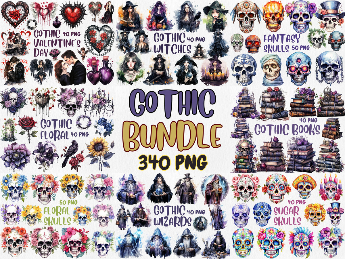 Watercolor Gothic Mega Clipart Bundle | Sugar Skull, Floral Skull, Wizard, Witch, Book Illustrations | Instant Download for Commercial Use