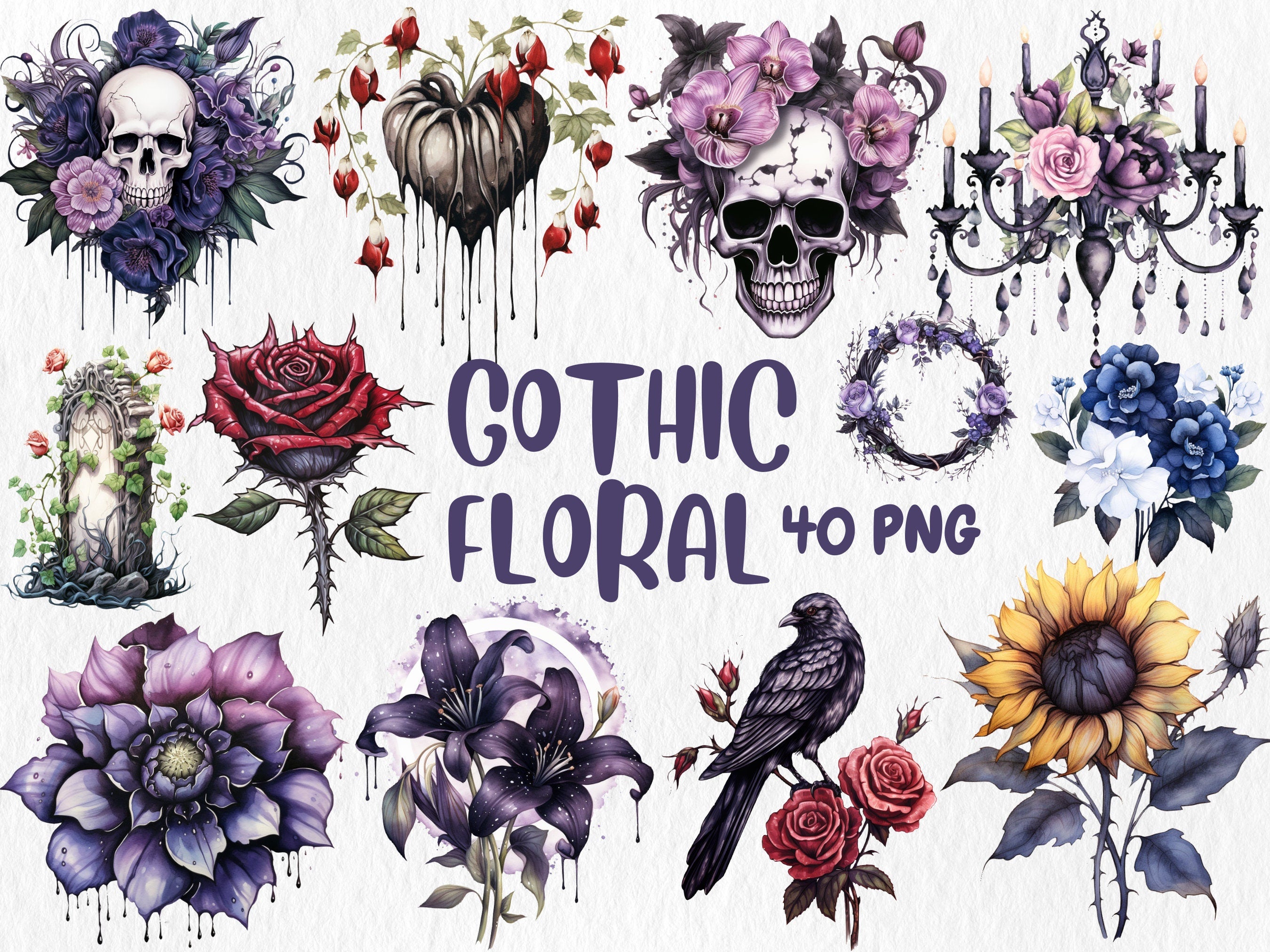 Watercolor Gothic Mega Clipart Bundle | Sugar Skull, Floral Skull, Wizard, Witch, Book Illustrations | Instant Download for Commercial Use