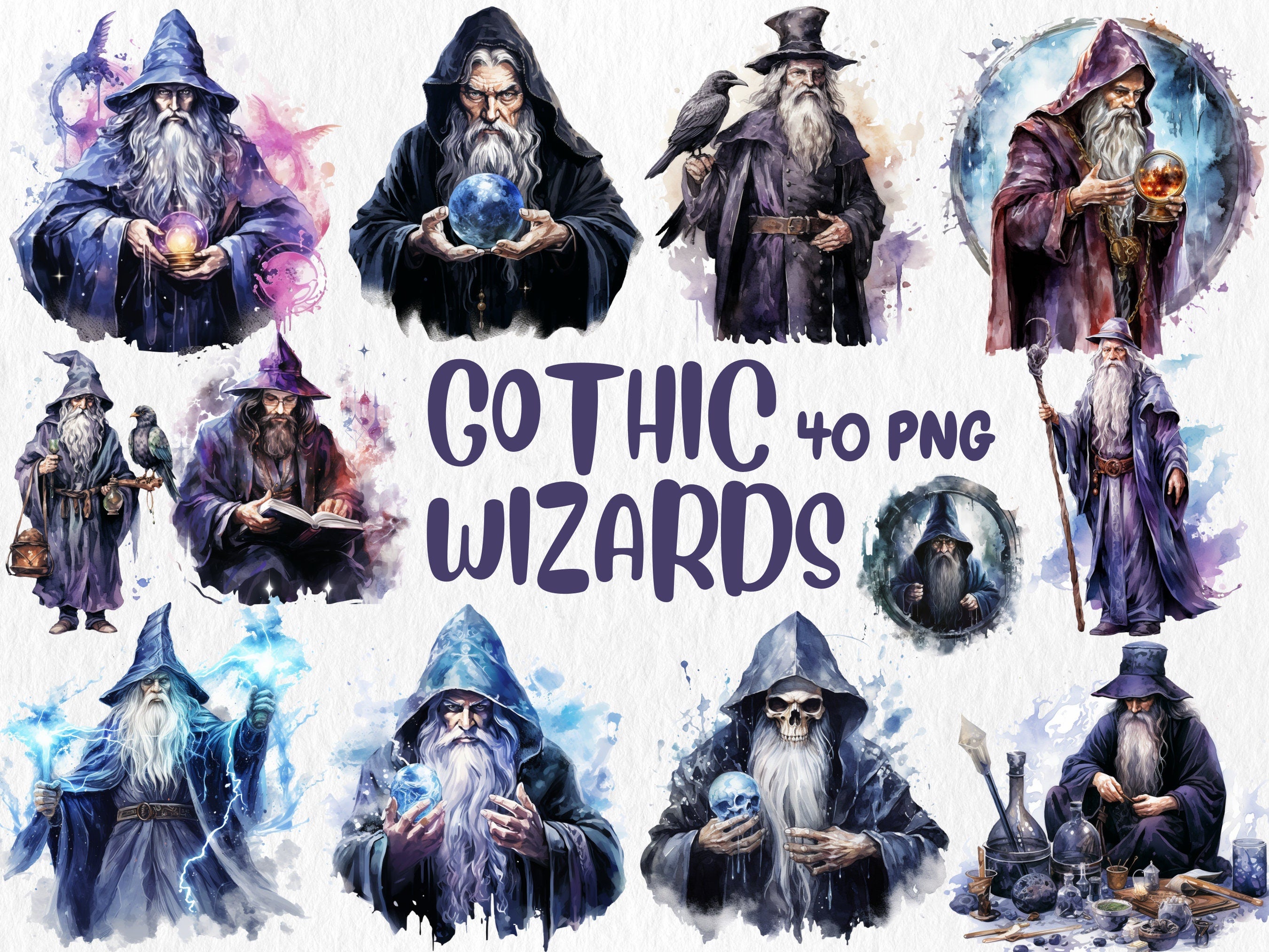 Watercolor Gothic Mega Clipart Bundle | Sugar Skull, Floral Skull, Wizard, Witch, Book Illustrations | Instant Download for Commercial Use