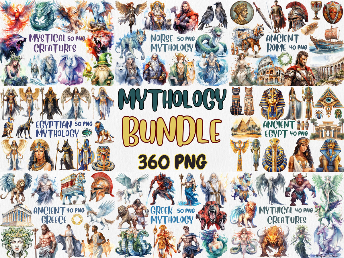 Watercolor Mythology Mega Clipart Bundle | Ancient Rome, Egypt, Greece, Norse, Greek, Egypt Mythology | Instant Download for Commercial Use