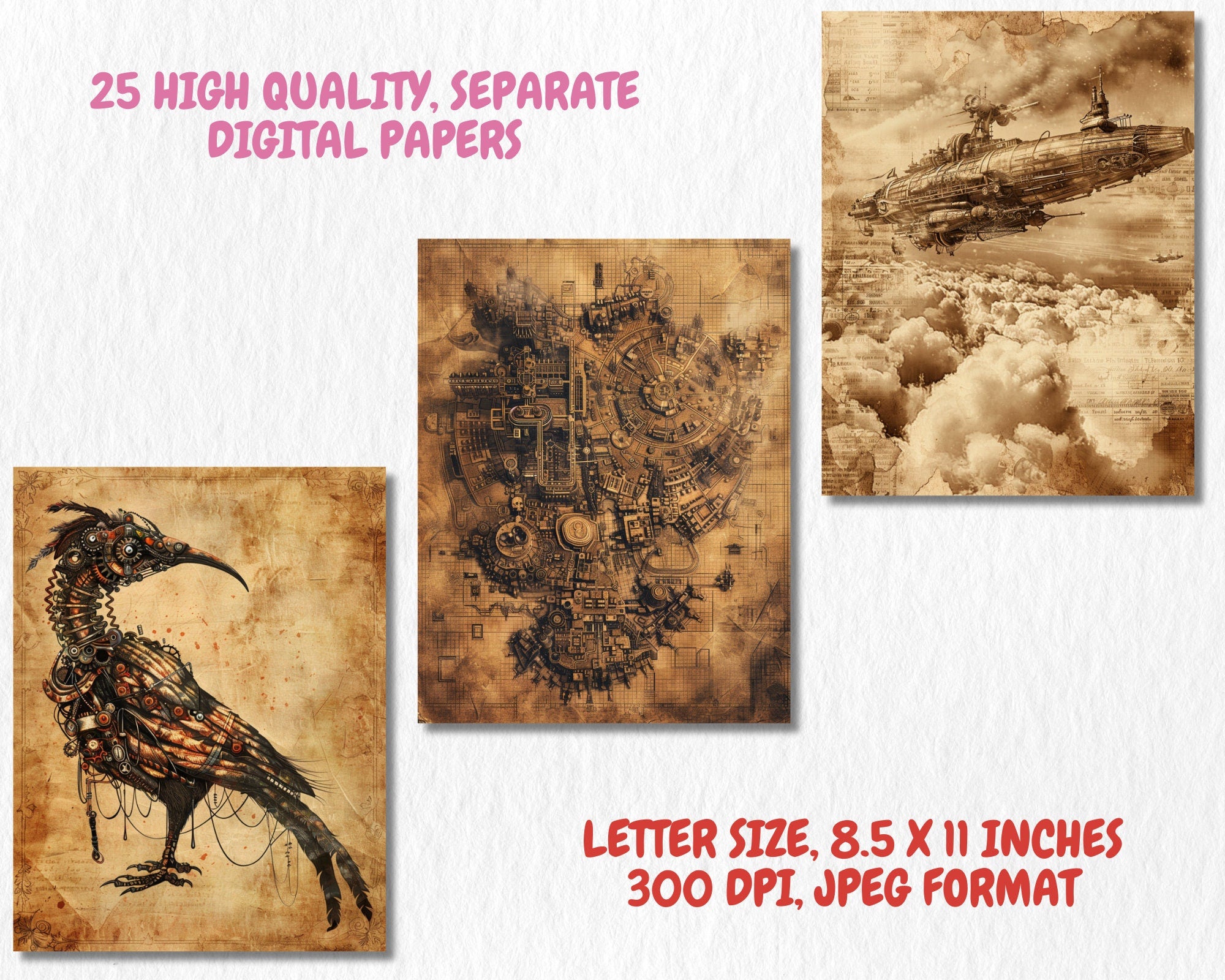 Vintage Steampunk Digital Paper | Vintage Background, Victorian Ephemera Backdrops, Antique, Printable, Download for Journals & Scrapbooking