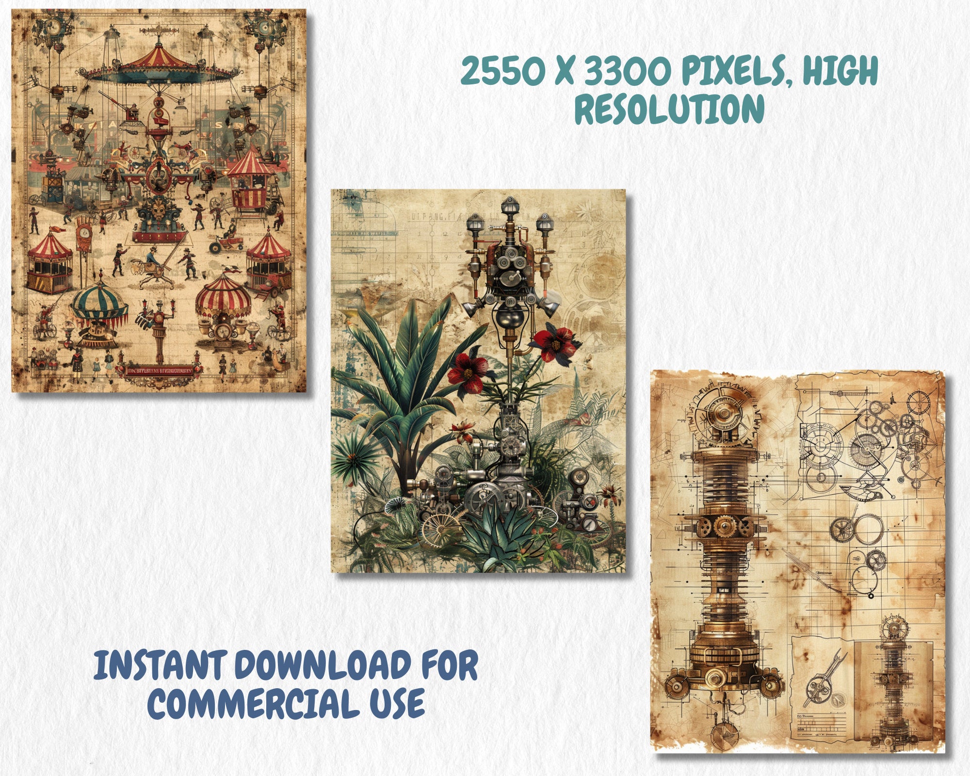 Vintage Steampunk Digital Paper | Vintage Background, Victorian Ephemera Backdrops, Antique, Printable, Download for Journals & Scrapbooking
