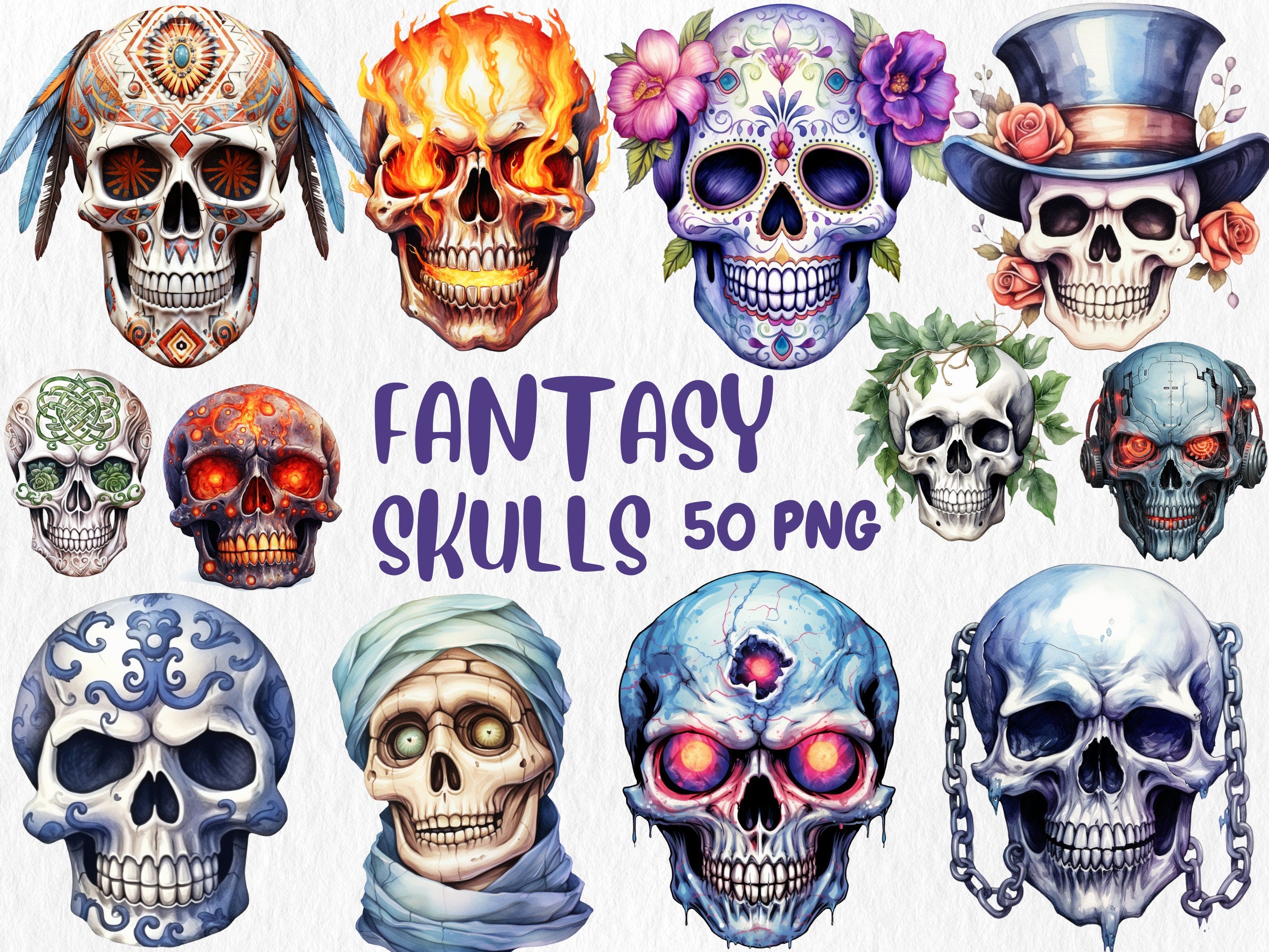 Watercolor Gothic Mega Clipart Bundle | Sugar Skull, Floral Skull, Wizard, Witch, Book Illustrations | Instant Download for Commercial Use