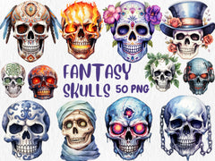 Watercolor Gothic Mega Clipart Bundle | Sugar Skull, Floral Skull, Wizard, Witch, Book Illustrations | Instant Download for Commercial Use