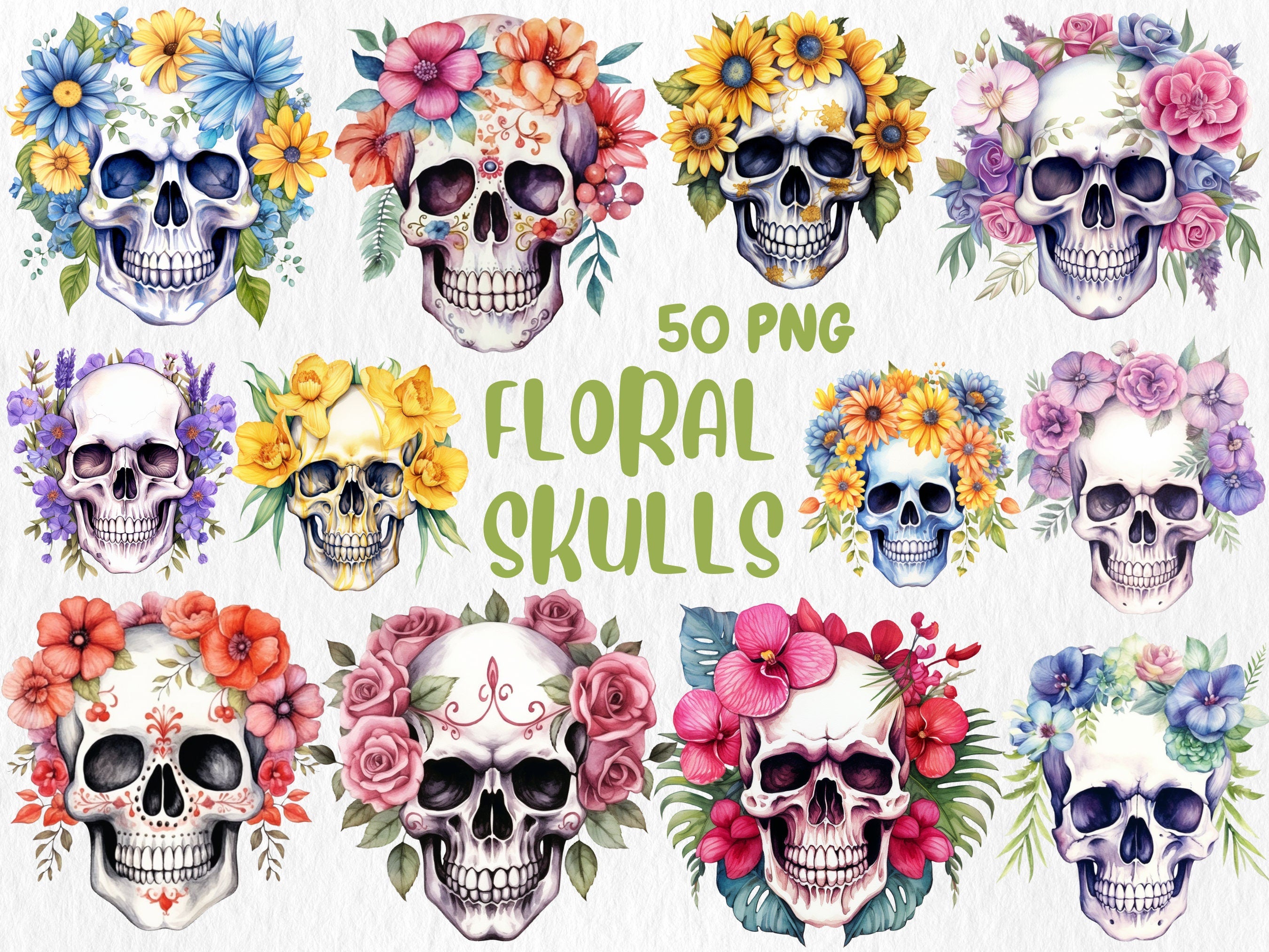 Watercolor Gothic Mega Clipart Bundle | Sugar Skull, Floral Skull, Wizard, Witch, Book Illustrations | Instant Download for Commercial Use