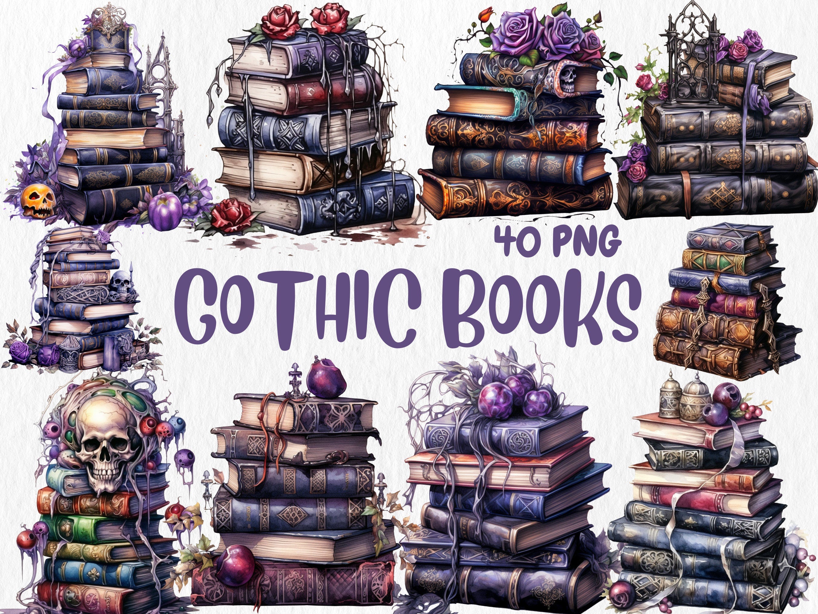 Watercolor Gothic Mega Clipart Bundle | Sugar Skull, Floral Skull, Wizard, Witch, Book Illustrations | Instant Download for Commercial Use