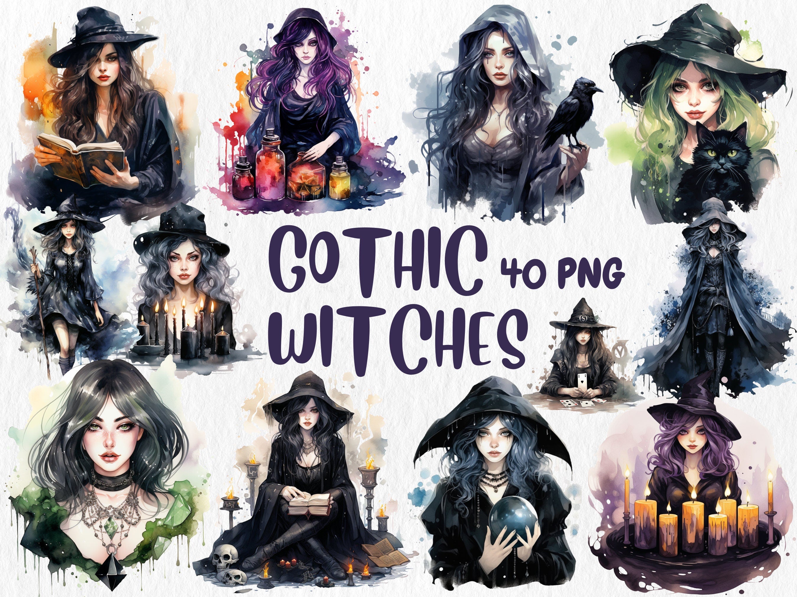 Watercolor Gothic Mega Clipart Bundle | Sugar Skull, Floral Skull, Wizard, Witch, Book Illustrations | Instant Download for Commercial Use