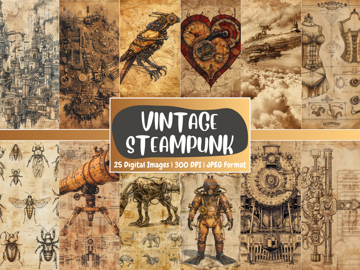 Vintage Steampunk Digital Paper | Vintage Background, Victorian Ephemera Backdrops, Antique, Printable, Download for Journals & Scrapbooking