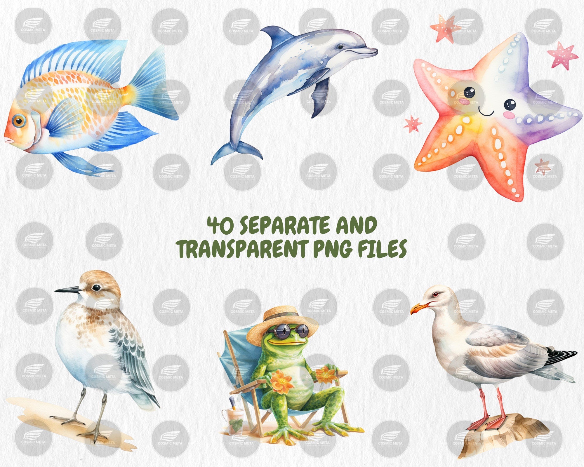 Watercolor Summer Animals Clipart | Dolphin, Sea Turtle, Jellyfish, Seagull, Starfish Illustrations | Instant Download for Commercial Use
