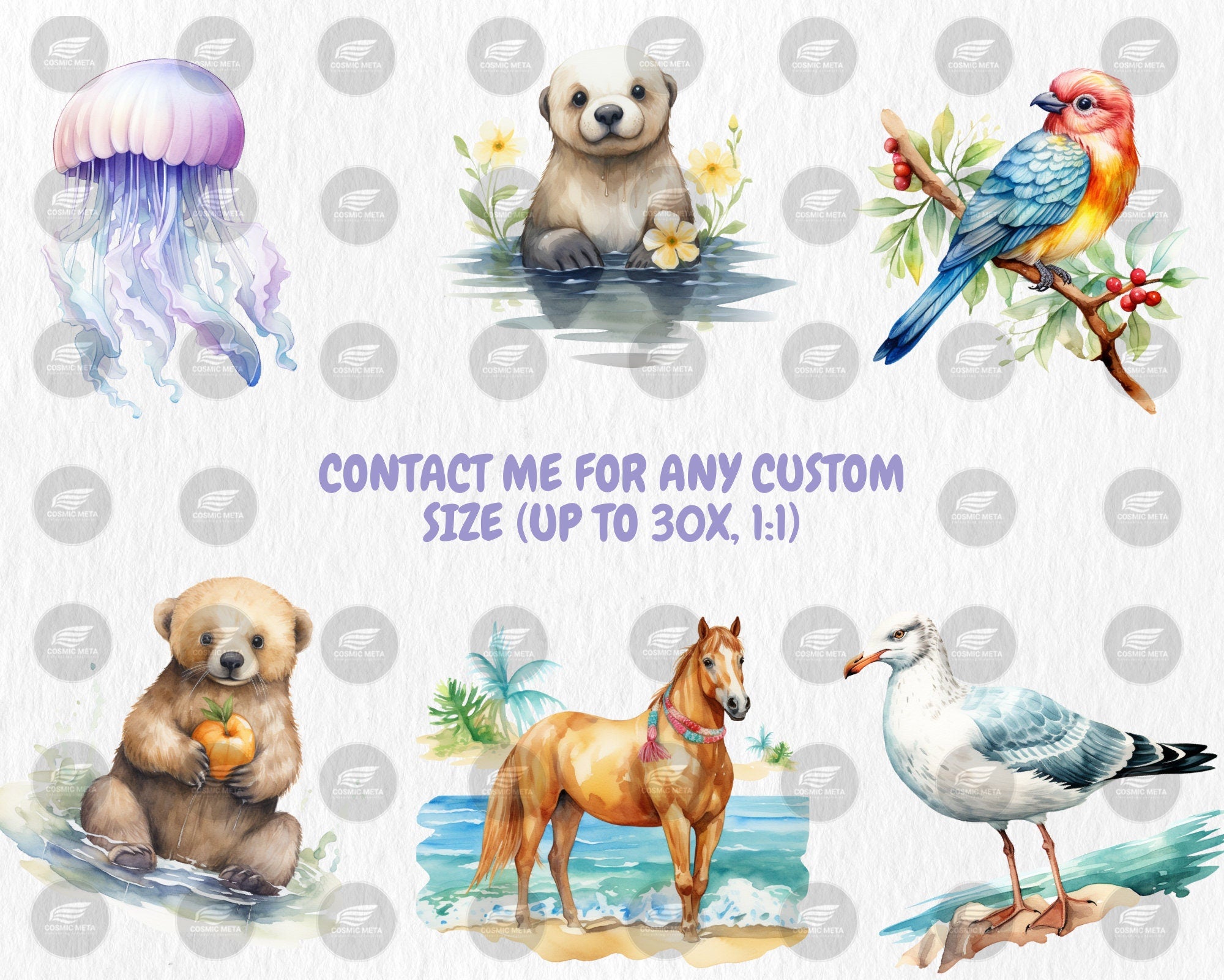 Watercolor Summer Animals Clipart | Dolphin, Sea Turtle, Jellyfish, Seagull, Starfish Illustrations | Instant Download for Commercial Use