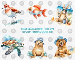 Watercolor Summer Animals Clipart | Dolphin, Sea Turtle, Jellyfish, Seagull, Starfish Illustrations | Instant Download for Commercial Use
