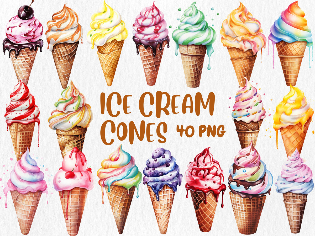 Watercolor Ice Cream Cones Clipart | Summer Treats, Sweet Dessert, Strawberry Ice Cream Illustrations | Instant Download for Commercial Use