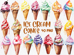 Watercolor Ice Cream Cones Clipart | Summer Treats, Sweet Dessert, Strawberry Ice Cream Illustrations | Instant Download for Commercial Use