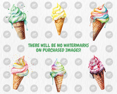 Watercolor Ice Cream Cones Clipart | Summer Treats, Sweet Dessert, Strawberry Ice Cream Illustrations | Instant Download for Commercial Use