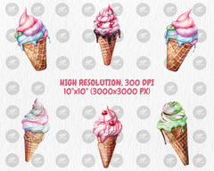 Watercolor Ice Cream Cones Clipart | Summer Treats, Sweet Dessert, Strawberry Ice Cream Illustrations | Instant Download for Commercial Use