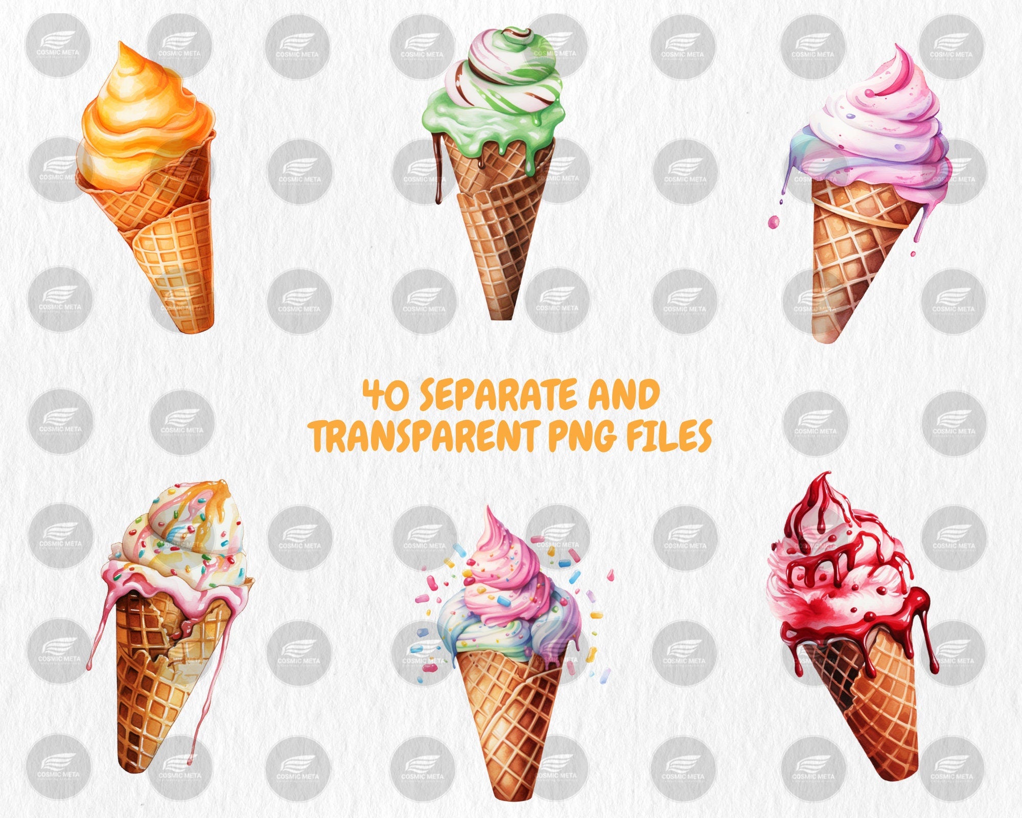 Watercolor Ice Cream Cones Clipart | Summer Treats, Sweet Dessert, Strawberry Ice Cream Illustrations | Instant Download for Commercial Use
