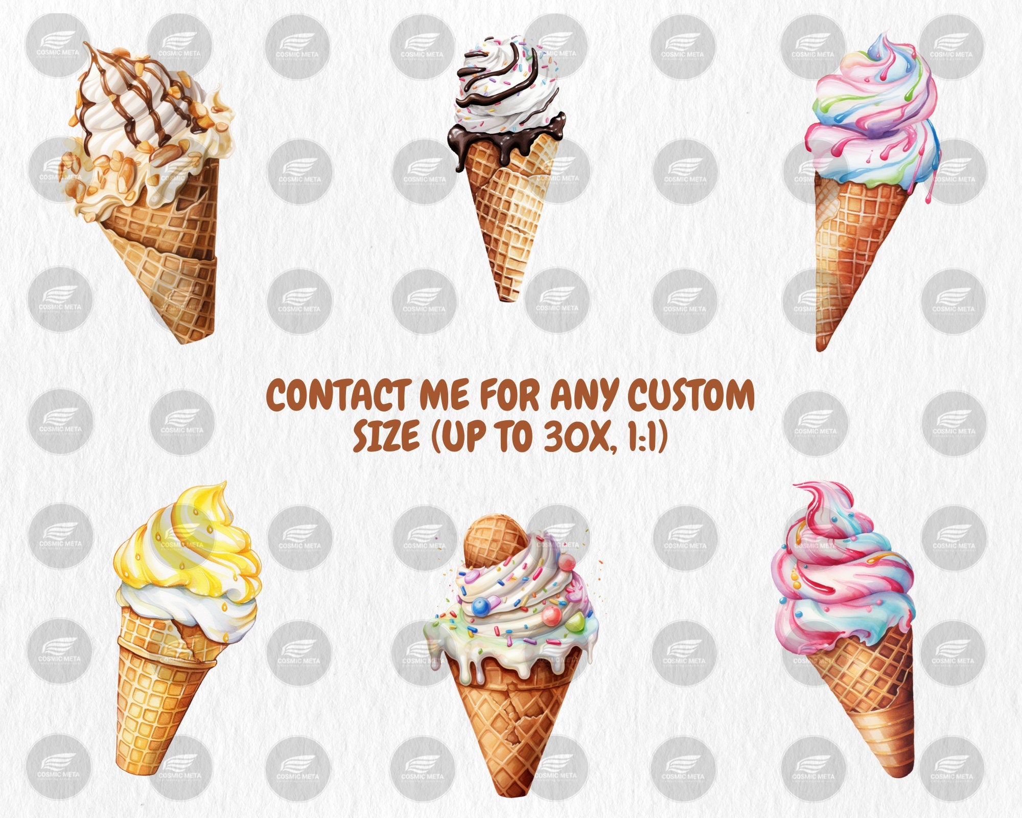 Watercolor Ice Cream Cones Clipart | Summer Treats, Sweet Dessert, Strawberry Ice Cream Illustrations | Instant Download for Commercial Use