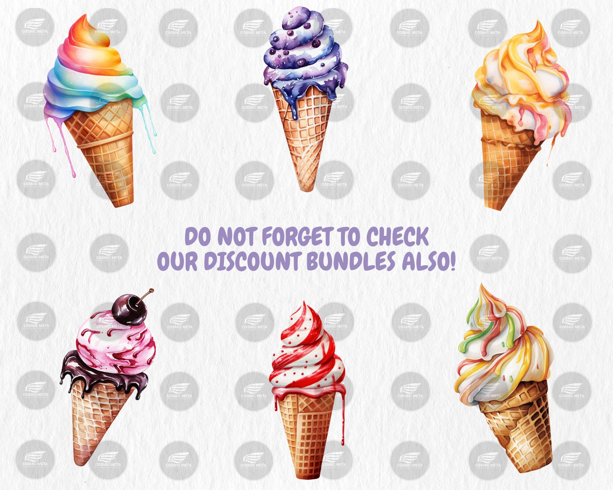 Watercolor Ice Cream Cones Clipart | Summer Treats, Sweet Dessert, Strawberry Ice Cream Illustrations | Instant Download for Commercial Use