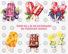 Watercolor Popsicles Clipart | Summer Treat, Strawberry, Chocolate, Orange Ice Cream Illustrations | Instant Download for Commercial Use