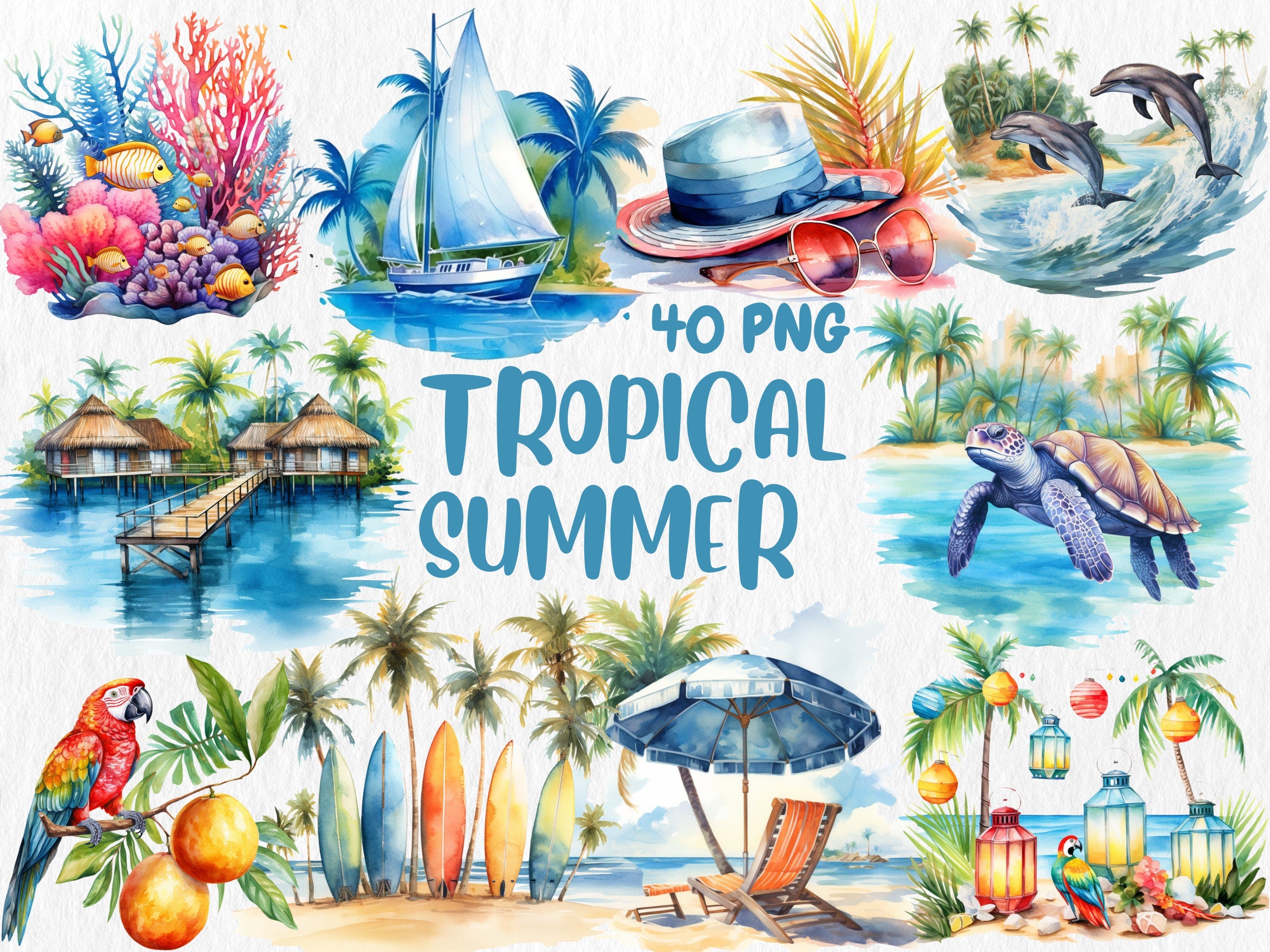 Watercolor Summer Mega Clipart Bundle | Tropical Drinks, Surfing, Ocean Lover, Sunglasses, Popsicles | Instant Download for Commercial Use