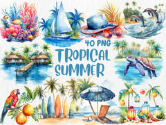Watercolor Summer Mega Clipart Bundle | Tropical Drinks, Surfing, Ocean Lover, Sunglasses, Popsicles | Instant Download for Commercial Use