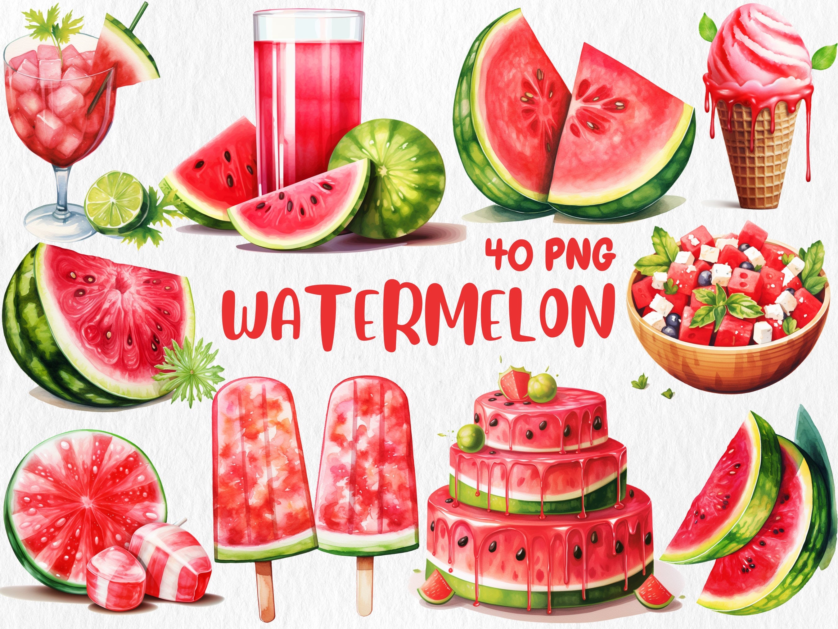 Watercolor Food & Drink Mega Clipart Bundle #2 | Holiday Sweets, Desserts, Tropical Drinks, Watermelon | Instant Download for Commercial Use