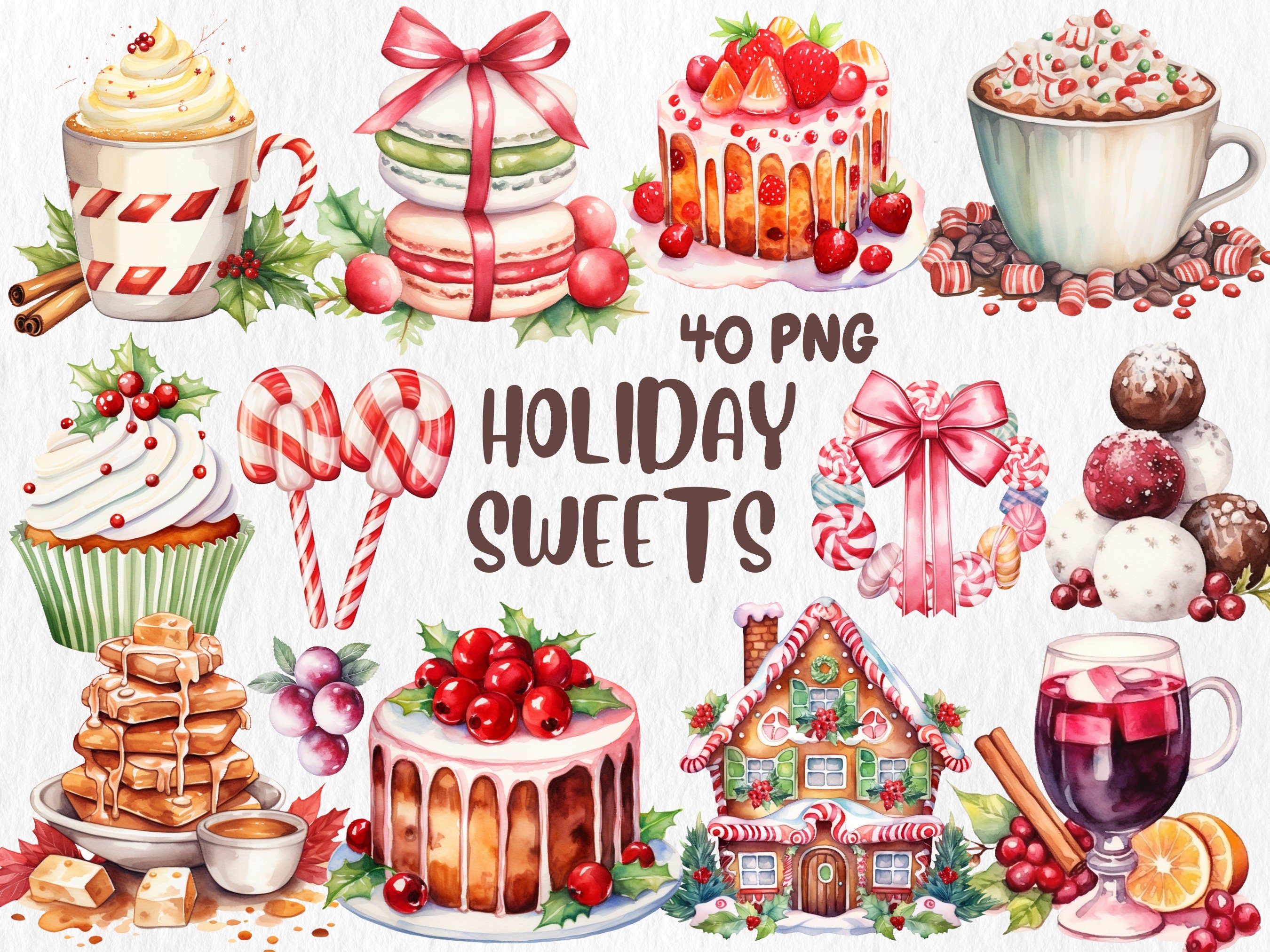 Watercolor Food & Drink Mega Clipart Bundle #2 | Holiday Sweets, Desserts, Tropical Drinks, Watermelon | Instant Download for Commercial Use