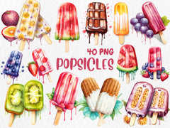 Watercolor Popsicles Clipart | Summer Treat, Strawberry, Chocolate, Orange Ice Cream Illustrations | Instant Download for Commercial Use