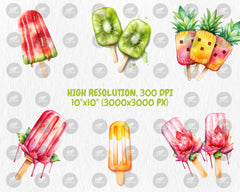 Watercolor Popsicles Clipart | Summer Treat, Strawberry, Chocolate, Orange Ice Cream Illustrations | Instant Download for Commercial Use