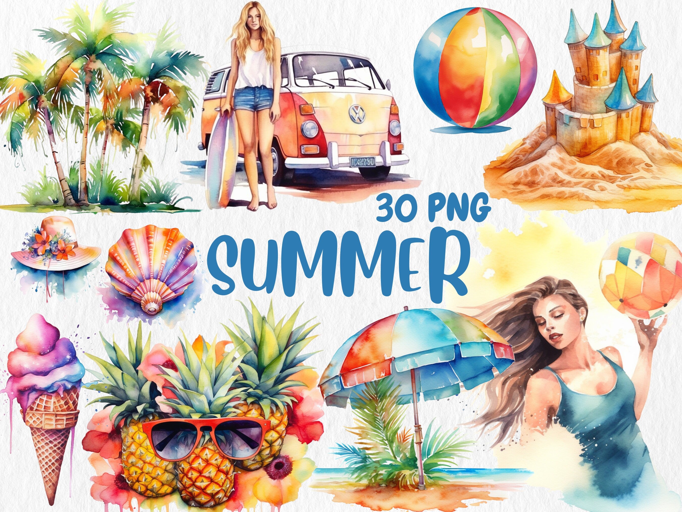 Watercolor Summer Mega Clipart Bundle | Tropical Drinks, Surfing, Ocean Lover, Sunglasses, Popsicles | Instant Download for Commercial Use