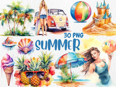 Watercolor Summer Mega Clipart Bundle | Tropical Drinks, Surfing, Ocean Lover, Sunglasses, Popsicles | Instant Download for Commercial Use