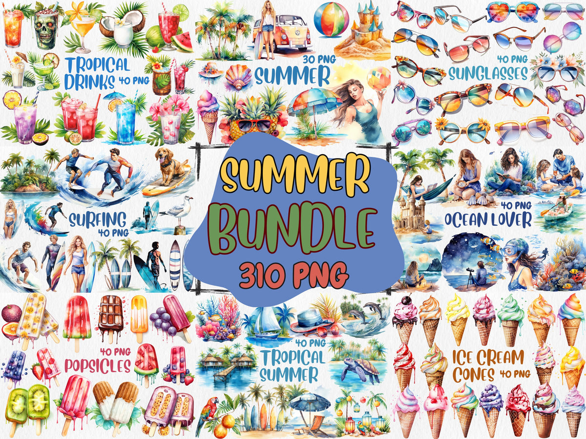 Watercolor Summer Mega Clipart Bundle | Tropical Drinks, Surfing, Ocean Lover, Sunglasses, Popsicles | Instant Download for Commercial Use