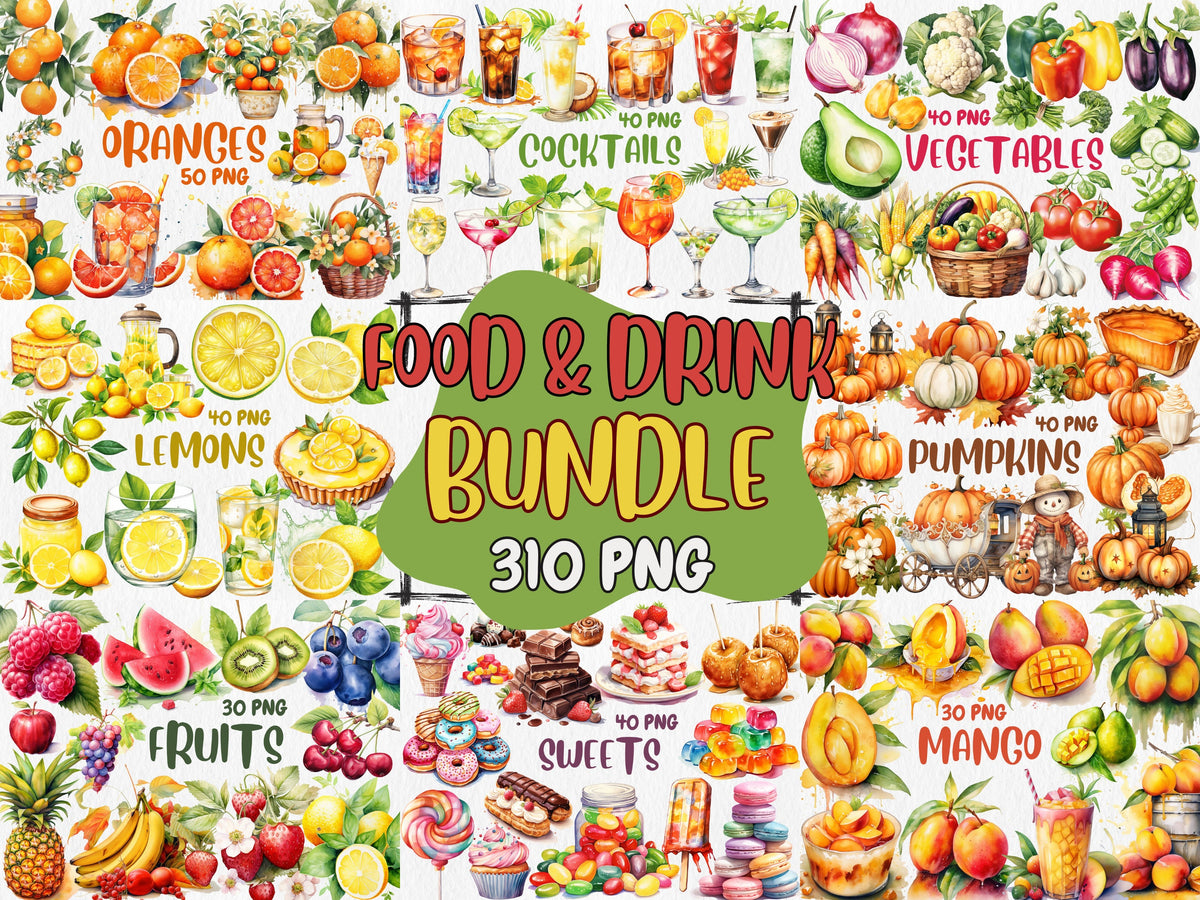 Watercolor Food & Drink Mega Clipart Bundle #1 | Fruits, Vegetables, Mango, Orange, Cocktails, Sweets | Instant Download for Commercial Use