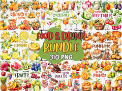 Watercolor Food & Drink Mega Clipart Bundle #1 | Fruits, Vegetables, Mango, Orange, Cocktails, Sweets | Instant Download for Commercial Use
