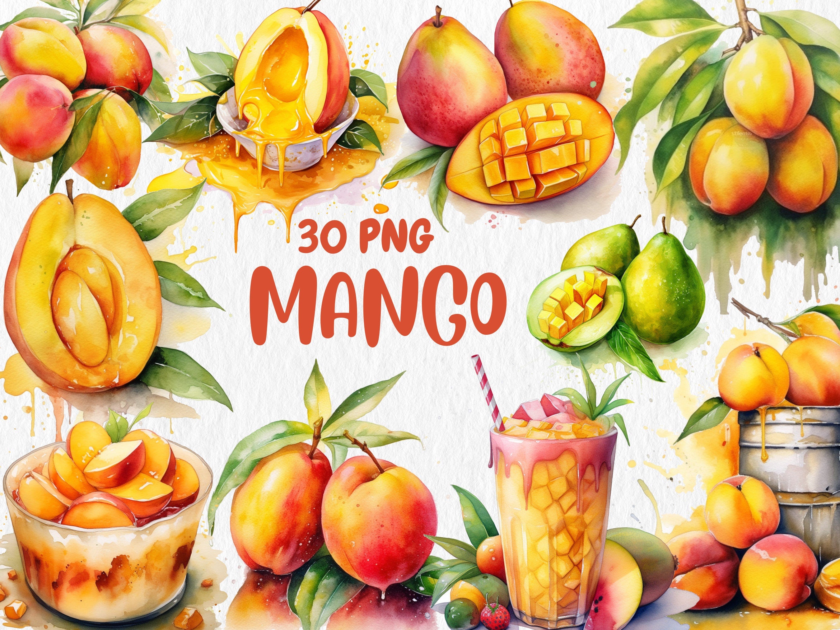 Watercolor Food & Drink Mega Clipart Bundle #1 | Fruits, Vegetables, Mango, Orange, Cocktails, Sweets | Instant Download for Commercial Use