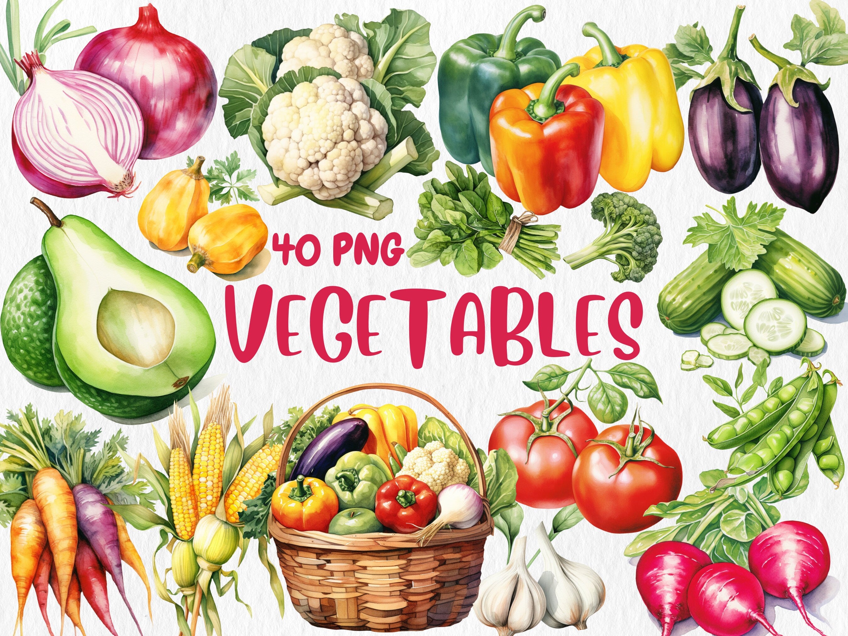 Watercolor Food & Drink Mega Clipart Bundle #1 | Fruits, Vegetables, Mango, Orange, Cocktails, Sweets | Instant Download for Commercial Use