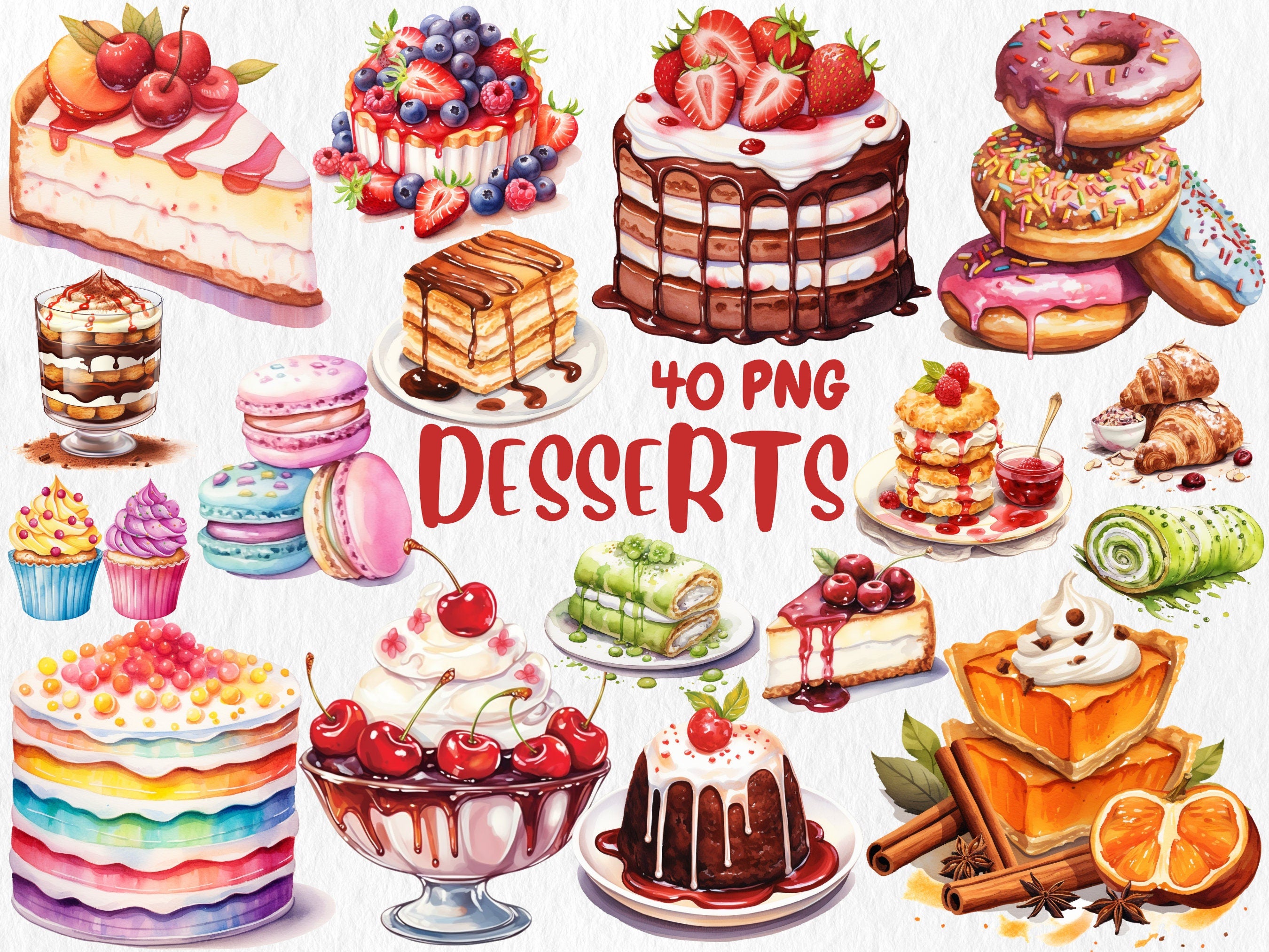 Watercolor Food & Drink Mega Clipart Bundle #2 | Holiday Sweets, Desserts, Tropical Drinks, Watermelon | Instant Download for Commercial Use