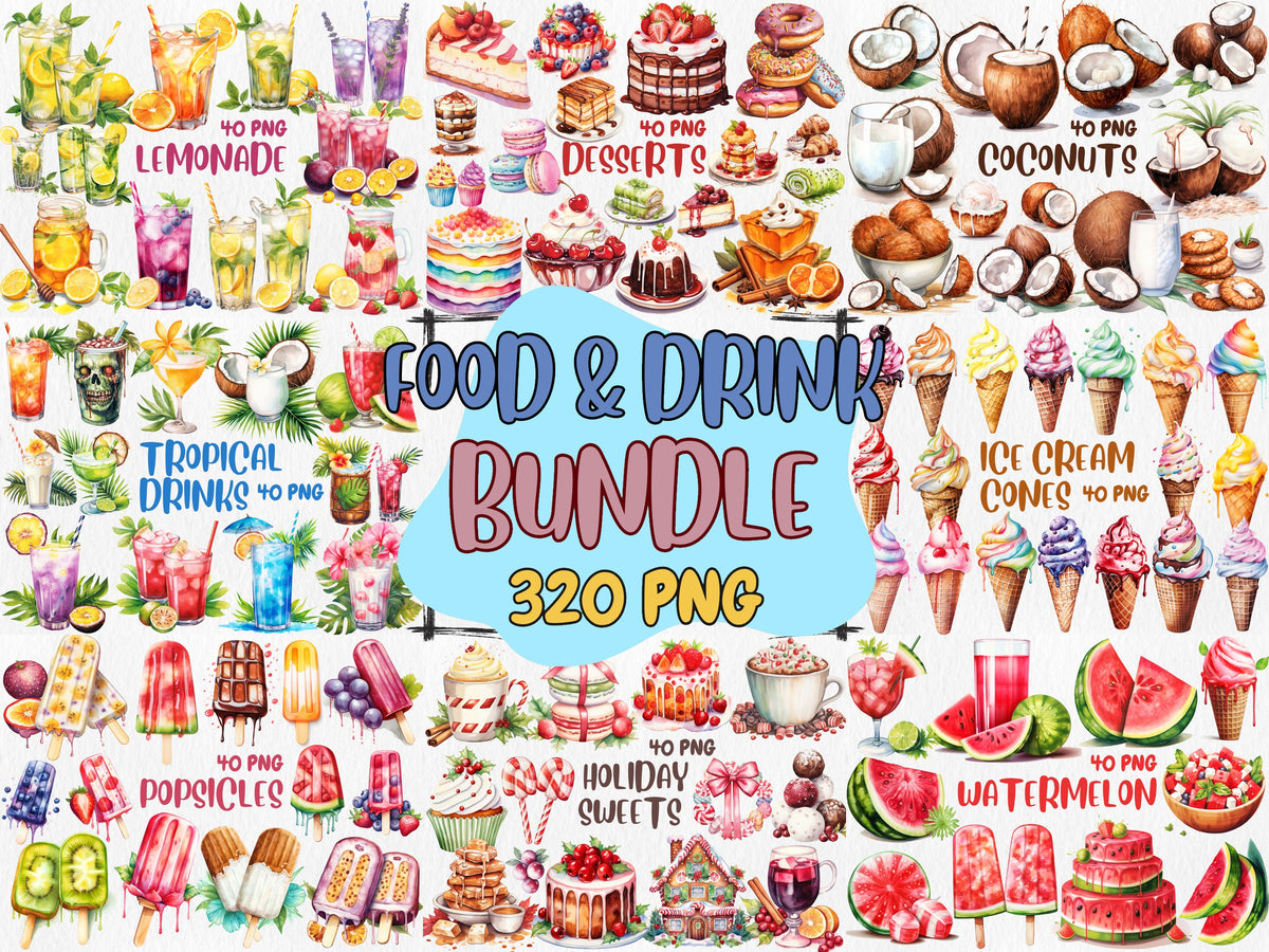 Watercolor Food & Drink Mega Clipart Bundle #2 | Holiday Sweets, Desserts, Tropical Drinks, Watermelon | Instant Download for Commercial Use