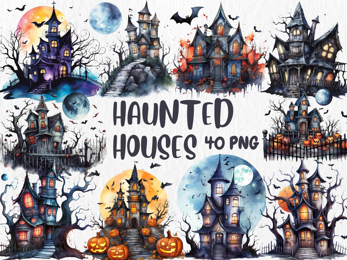 Watercolor Haunted Houses Clipart | Spooky Haunted House, Creepy Trees, Graveyard, Bat Illustrations | Instant Download for Commercial Use