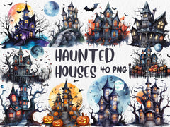 Watercolor Haunted Houses Clipart | Spooky Haunted House, Creepy Trees, Graveyard, Bat Illustrations | Instant Download for Commercial Use