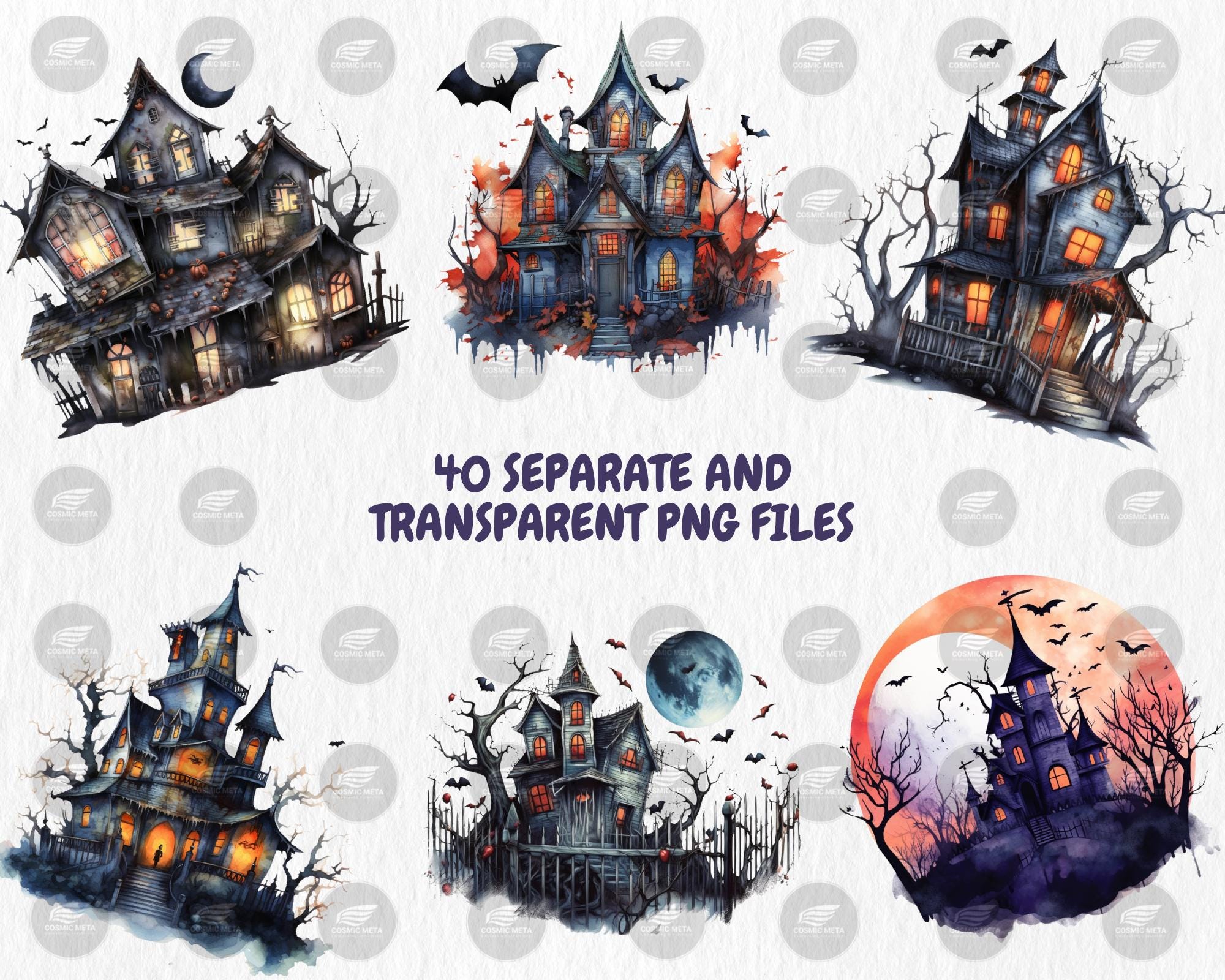 Watercolor Haunted Houses Clipart | Spooky Haunted House, Creepy Trees, Graveyard, Bat Illustrations | Instant Download for Commercial Use