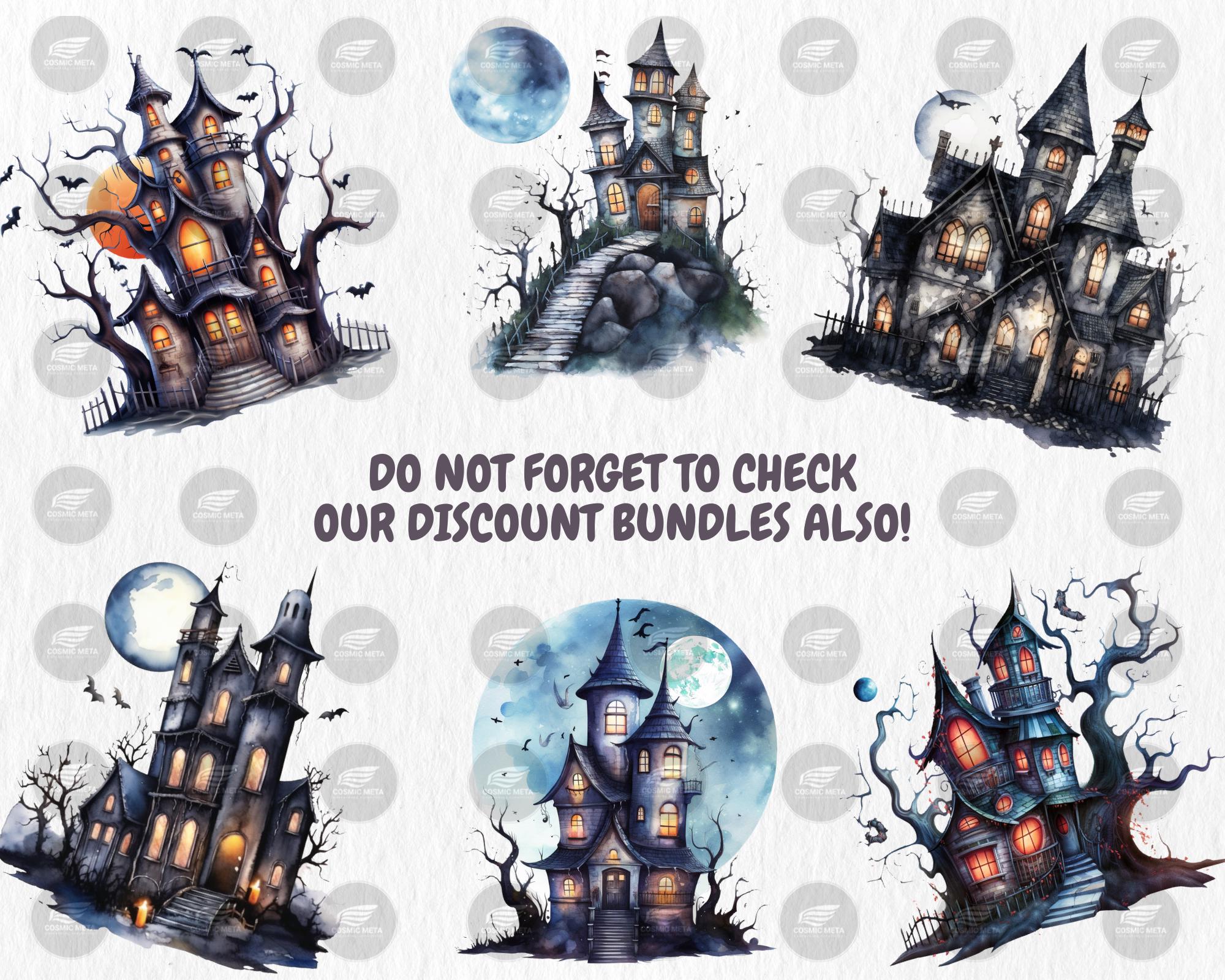 Watercolor Haunted Houses Clipart | Spooky Haunted House, Creepy Trees, Graveyard, Bat Illustrations | Instant Download for Commercial Use