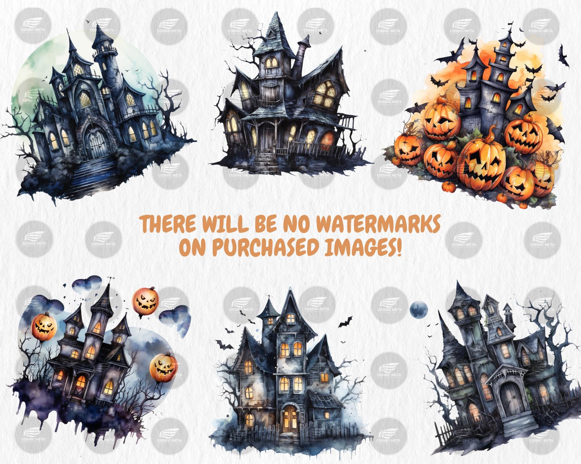 Watercolor Haunted Houses Clipart | Spooky Haunted House, Creepy Trees, Graveyard, Bat Illustrations | Instant Download for Commercial Use