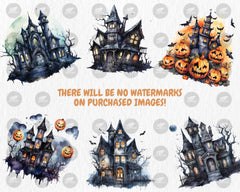 Watercolor Haunted Houses Clipart | Spooky Haunted House, Creepy Trees, Graveyard, Bat Illustrations | Instant Download for Commercial Use